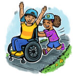 one child pushing another in a wheelchair