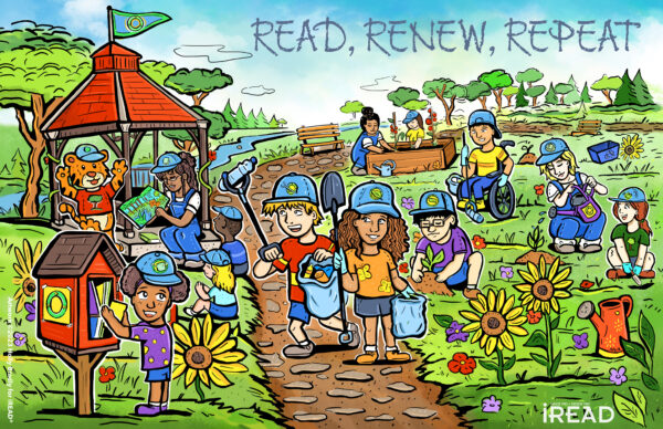 read, renew, repeat summer reading poster of children gardening