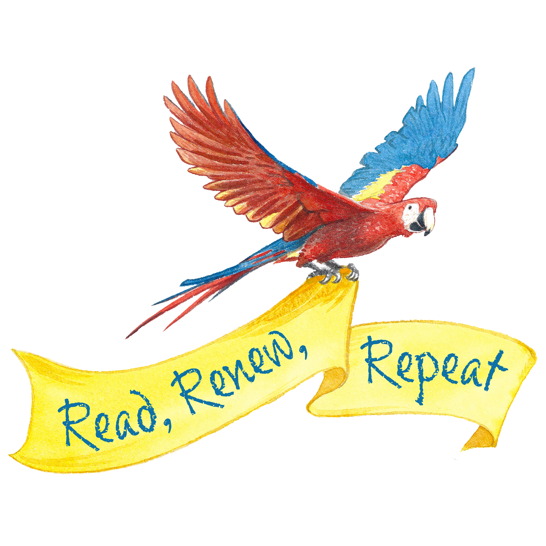 parrot with Read, Renew, Repeat banner